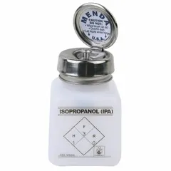 HDPE dispensing bottle with a 118.29 mL (4 fl oz) capacity, designed for isopropyl alcohol (IPA). Includes a silver dropper closure. Non-sterile, colorless, square shape. Suitable for controlled drop dispensing in cleaning and laboratory applications.