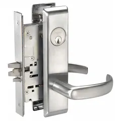 This storeroom lever lockset features a Pacific Beach style lever with a satin chromium-plated finish. It is ADA compliant and accepts a Large Format Interchangeable Core (LFIC). The ANSI F07 function allows free egress while restricting exterior access, suitable for utility closets and storage rooms.