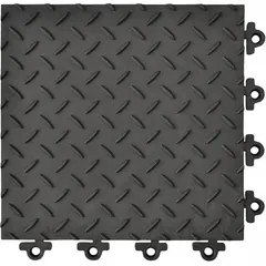 This vinyl antifatigue mat tile features a diamond plate surface for traction in wet or oily areas. The interlocking design allows for custom configurations in industrial workstations, assembly lines, and machine shops. Each tile measures 12 in x 12 in and is sold in a 12-pack.