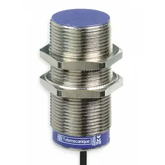 Inductive cylindrical proximity sensor with non-terminated cable, shielded construction, and normally closed (NC) output. Operates on 24-240V AC or DC supply. Suitable for non-contact detection of metal objects in industrial automation, including conveyor systems, packaging machinery, and assembly lines.