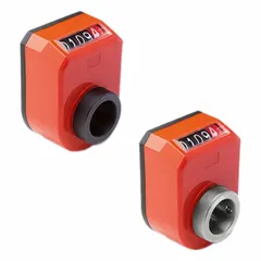 Mechanical position indicator with inclined upper display for reading rotational position on shafts. Count direction increases clockwise; reading after one revolution is 000.10. Suitable for use on valves, actuators, and indexing tables.