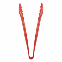 Red plastic serving tongs with an overall length of 8 7/8 in and width of 1 3/4 in. NSF Certified for sanitation compliance. Not dishwasher safe. Suitable for portioning and serving salads, vegetables, and other bulk items in commercial foodservice settings