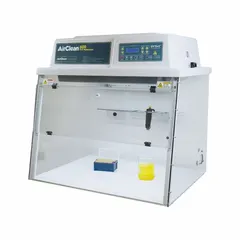 This PCR enclosure provides a controlled environment for polymerase chain reaction setup and sample handling. Fully assembled with a clear design, it includes a blower, base/stand, and work surface. Overall dimensions: 24 in wide, 30 in high, 24 in deep.