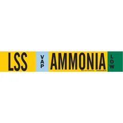 This pipe marker is designed for ammonia piping systems, identifying LSS (Low Side System) VAP (Vapor) lines at low pressure. It fits pipes with an outside diameter of 8 inches and larger, and includes directional arrows. The marker is mounted on a fiberglass carrier with strapping for secure attachment. It is supplied as one marker.