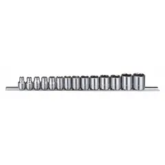 This 14-piece socket set includes 6-point metric standard sockets ranging from 6 mm to 19 mm with a 3/8 in drive. The 6-point design provides a secure grip on hex fasteners, reducing the risk of rounding. Suitable for tightening and loosening metric bolts and nuts in automotive repair, machinery maintenance, and general assembly tasks.