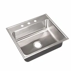 This one-bowl counter-mounted sink is designed for kitchen and bar installations. It features a 21-inch bowl length and a 22-inch overall width, with a Silver/Gray finish. The sink is intended for drop-in mounting and does not include a faucet.