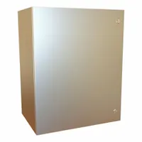 304 stainless steel enclosure with hinged cover and 1/4-turn latch. Measures 30 x 24 x 16 inches. Rated NEMA 12/13/3R/4/4X for indoor or outdoor use. Knockouts not included. Suitable for protecting electrical controls and instruments in industrial environments