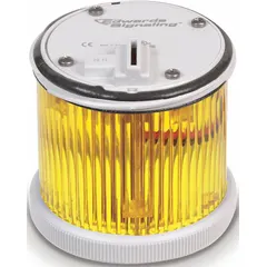 Multimode light module with yellow lens, operating at 240V AC. Provides flashing or steady visual indication. Overall diameter 70 mm. Compatible with Class 200 series. Used for status signaling on industrial machinery and equipment.