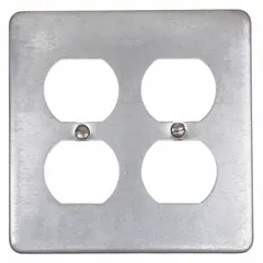 This weatherproof cover is designed for use with FD/FS series boxes to protect duplex receptacles in outdoor or damp locations. It accommodates 2 gangs and can be mounted horizontally or vertically. The cover is constructed of aluminum and zinc with a gray finish, and has an overall height of 4 5/8 inches.