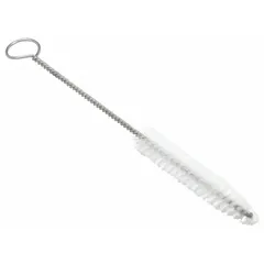 This lab brush features a 3 1/2-inch brush head with 1/2-inch white nylon bristles. It is used for cleaning small-diameter tubes, test tubes, pipettes, and narrow glassware in laboratory settings.