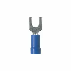 Insulated fork terminal from the EV14 series, featuring a funnel-entry barrel for simplified wire insertion. Blue vinyl insulation, #8 stud size, rated 600 V. Used for terminating wires to studs or screw terminals in electrical connections.