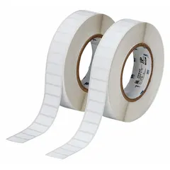 Precut label roll for tamper-indicating applications. Labels measure 1/2 in x 1 in with a 1/2 in core, white matte finish. Compatible with THT printer series. When removed, the label destructs, leaving visible tamper-evident residue for security asset identification and anti-tamper use.