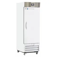 This 23 cu ft upright lab refrigerator maintains a temperature range of 1°C to 10°C for general purpose storage of temperature-sensitive materials. It features a white swing solid door that opens to the right, a temperature alarm, and uses R-290 refrigerant. Suitable for preserving reagents, media, and biological samples in laboratory settings.