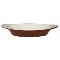 Vitrified stoneware dish in American White/Brown, oven safe. Overall dimensions: 8 1/2 in length, 4 1/8 in width, 1 1/4 in depth. Suitable for preparing and serving Welsh rarebit, au gratin dishes, and individual casseroles in commercial kitchens and foodservice operations