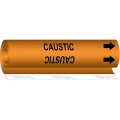 This orange wrap-around pipe marker with black legend reads 'Caustic' and includes directional arrows. It fits pipe outer diameters from 2-1/2 to 7-7/8 inches. Used to identify piping carrying caustic substances in industrial facilities, supporting hazard communication and pipe content identification.