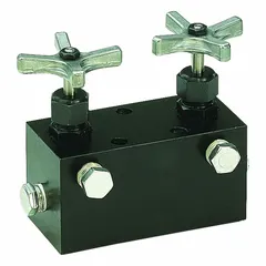This pump-mounted manifold valve is designed for single-acting hydraulic systems, directing flow from one inlet to two outlet ports. It mounts directly to a pump and is rated for a maximum pressure of 10,000 psi. Typical applications include controlling hydraulic circuits in industrial equipment where flow distribution is required.