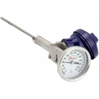 This thread-mount transmitting dial thermometer provides local analog display and a process output signal for remote monitoring. With a 0°F to 250°F range and +/-1% accuracy, it is suitable for industrial process temperature monitoring in HVAC, refrigeration, and fluid handling systems. Features a 12-inch stem and male connection