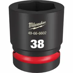 This 1" drive impact socket is designed for heavy-duty fastening applications. It features a 38 mm metric size, 6-point configuration, standard length, and friction ring retention. The black phosphate finish provides corrosion resistance. Suitable for use with impact wrenches in industrial maintenance, construction, and automotive repair.