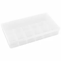This clear plastic compartmented box features 13 fixed compartments, including six compartments measuring 1-11/16 in x 2 in. Suitable for organizing small parts such as hardware, craft supplies, or electronic components. Not electrostatic discharge conductive.
