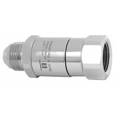 This MOSMATIC rotary union is a straight, nickel-plated C38500 brass component with a single passage and a 3/8 in stationary port. Designed for air service, it transfers compressed air from a stationary supply line into rotating machinery at speeds up to 30 RPM. Typical applications include reels, spindles, and indexing tables requiring rotary fluid transfer.
