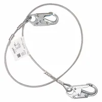 This positioning and restraint lanyard features steel snap hooks on both ends and a fixed 6 ft length. It is rated for a 310 lb capacity and is used for fall protection and work positioning at height, allowing hands-free operation during tasks