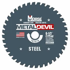 This carbide circular saw blade is designed for cutting steel and general metal-cutting applications. It features 40 teeth and a 0.06 in cut width for precise, clean cuts in ferrous materials. The blade has a 6-1/2 in diameter and a 20 mm arbor size, suitable for use in fabrication and maintenance operations.