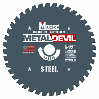 MORSE Circular Saw Blade: 6 1/2 in Blade Dia., 40 Teeth, 0.06 in Cut Wd, 20 mm Arbor Size - Steel & General Metal-Cutting Blades