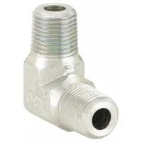 This rigid 90° elbow adapter connects hydraulic components with NPTF threads. It features male x male fittings and is constructed from steel. Commonly used in hydraulic systems where space constraints require a compact, directional change in fluid lines