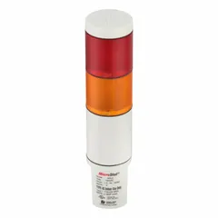 Two-tier tower light assembly with amber and red light tiers for visual status indication. Operates at 120V AC, overall height 9 13/16 inches. No sounder tier. Suitable for machine status signaling in industrial environments.