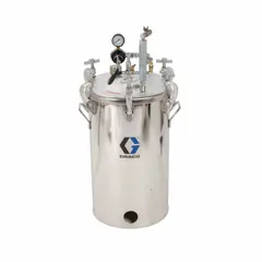 This GRACO paint pressure tank has a 10-gallon capacity and a maximum operating pressure of 100 psi, with an outside diameter of 19 inches. It is used to supply paint or other fluids under pressure to spray equipment in industrial finishing and coating applications.