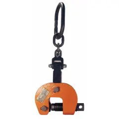 Steel manual clamp for vertical lifting and 180° flipping of plates. Features a load ring with chain attachment. Working load limit 3,000 lb. Used in metal fabrication and heavy equipment handling.