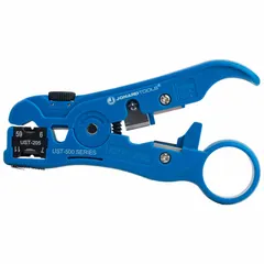 Carbon steel cable stripper with cut-type operation, 5 in overall length. Designed for stripping RG-59/6 and RG-7/11 coaxial and telephone cables. Commonly used by telecom and low-voltage installers for preparing cable ends in data, video, and voice applications.