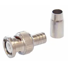 Male BNC connector for terminating RG-58 coaxial cable. Silver-plated finish. Crimp-on (2-piece) connection. Pack of 10. Used in RF communication, video surveillance, and test equipment.