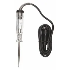 This circuit tester is designed for diagnosing electrical circuits in vehicles, compatible with 6V, 12V, and 24V systems. It features a stainless steel probe and a heavily insulated rubber cord for safe handling. Suitable for automotive and light industrial electrical troubleshooting.