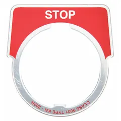 Half-round legend plate for 30 mm panel mounting. Overall height 1 3/4 in, overall width 1 5/8 in. Metallic silver aluminum with red 'Stop' legend in English and alignment notch. Used to label push-button stations in industrial control panels.