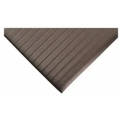 This antifatigue mat measures 2 ft x 5 ft with a 3/8 in thickness. It is constructed of black PVC foam with a beveled edge and an anti-slip backing. Suitable for use in industrial and commercial settings where standing workers require reduced fatigue and improved safety on hard floors.