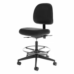 Fixed-arm office chair with a black frame and black upholstery. Back height is 15 inches, seat depth is 19 1/2 inches, and seat width is 19 1/2 inches. Suitable for use in industrial and commercial workstations where stability and durability are required.