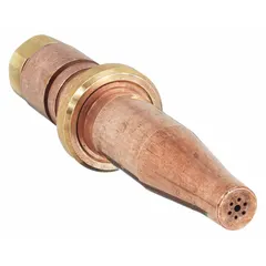 Size 2 cutting tip for handheld torch use with acetylene. Suitable for cutting steel plate thicknesses from 3/4 in to 1 1/4 in. Common applications include metal fabrication, maintenance, and repair work.
