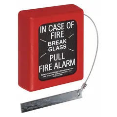 Surface-mount, wall-mount guard for manual fire alarm pull stations. Clear polycarbonate construction with the legend 'IN CASE OF FIRE BREAK GLASS PULL FIRE ALARM'. Protects against accidental activation or damage while providing clear emergency instructions.