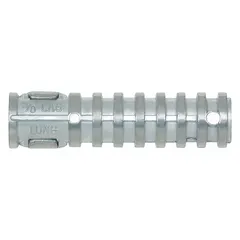 This lag shield is a plug-type anchor made of Zamac alloy, designed for use with wood screws in masonry or concrete. It has a 3/4 in diameter and 3 1/2 in overall length. Supplied in a pack of 25.