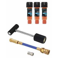 This UV leak detection kit is designed for use with R-1234yf refrigerant systems. It includes three 0.25 oz cartridges of A/C dye for R-1234yf/PAG, an R-1234yf hose coupler, and a purge fitting. Used to locate refrigerant leaks in automotive air conditioning systems.