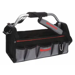 This polyester tool tote in black measures 19 inches wide by 8 inches deep by 10 inches high. It features 11 pockets, including 3 inside pockets, for organizing and carrying tools and accessories in workshops or on job sites.