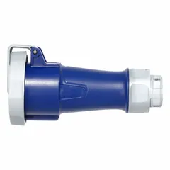 Washdown-rated pin and sleeve connector for single-phase applications. Rated 250V AC, 30A, 2 pole, 3 wire with IEC grounding. Suitable for environments requiring watertight connections, such as food processing or automotive facilities.