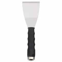 This long-reach scraper features a stiff, tapered carbon steel blade with a half-round, straight shape and bevel/offset edge. The polypropylene handle provides a secure grip. Suitable for scraping paint, adhesive, or gasket material from flat surfaces in maintenance and construction tasks.