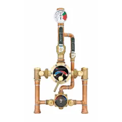 Bronze thermostatic mixing valve with 1 1/4 in NPT x NPT connections. Includes a color coded dial thermometer for temperature monitoring. Used in commercial and industrial plumbing systems to blend hot and cold water for consistent outlet temperatures.