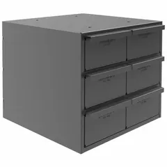 Stackable steel cabinet with six gray powder-coated drawers. Each drawer measures 5-15/32 in x 11-1/4 in x 3-3/16 in inside and includes dividers for organizing small parts. Assembled, gray finish. Suitable for workshop and industrial storage.
