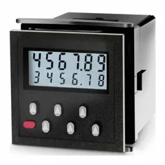 Panel-mount digital counter with high-contrast LCD display. Relay output rated 2 A @ 30VDC. Complies with UL standards. Operates at up to 500 counts per second. Suitable for industrial counting and control applications where a preset count triggers a relay output.