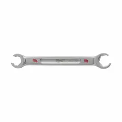 This SAE double end flare nut wrench features 6-point standard heads sized 3/4 in and 7/8 in. Constructed from chrome vanadium steel with a chrome finish, it is suited for tightening or loosening flare nuts on plumbing, refrigeration, and hydraulic lines.