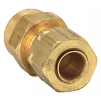 Brass compression fitting with self-aligning design for connecting 1/4 in OD tubing to 1/8 in FNPTF female threads. Suitable for creating leak-resistant seals in pneumatic, hydraulic, and instrumentation lines. Supplied in a 25-pack