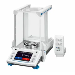 Analytical lab balance with 320 g capacity, 0.0001 g readability, and 0.0001 g repeatability. Features an LCD display and construction of ABS and glass. Used for precise weighing in laboratory settings such as sample preparation, formulation, and density determination.